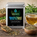 Holisti Supplements digestive support herbal tea blend packaging with tea and herbs on a wooden surface.