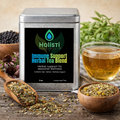Holisti Supplements immune support herbal tea blend packaging with tea and herbs on a wooden surface.