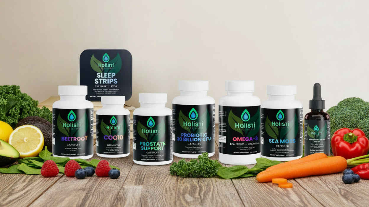 Holistic health products including bottles and a dropper on a wooden surface with fresh produce.