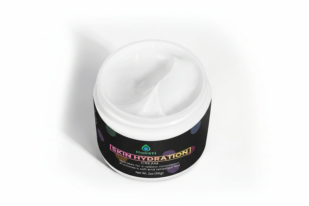 Jar of skin hydration cream with a black label on a white background