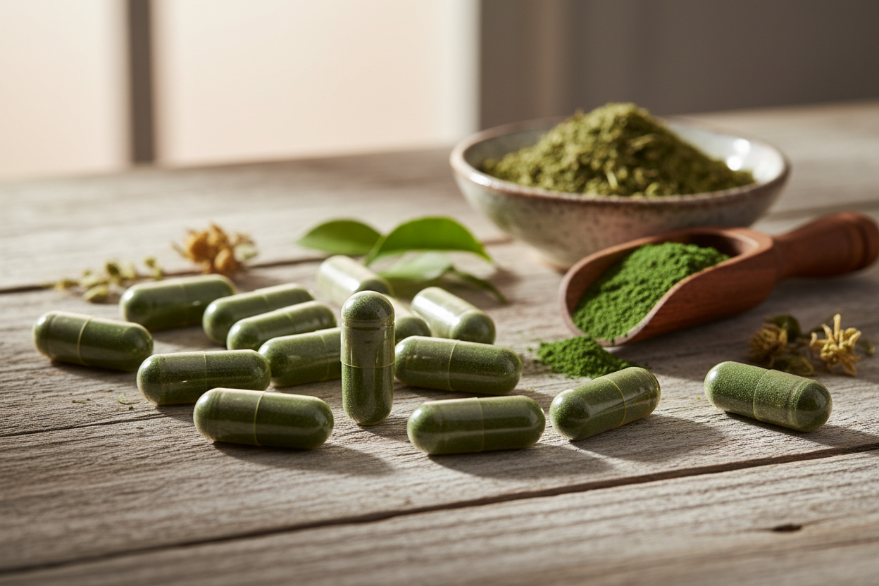 Herbal capsules on a table